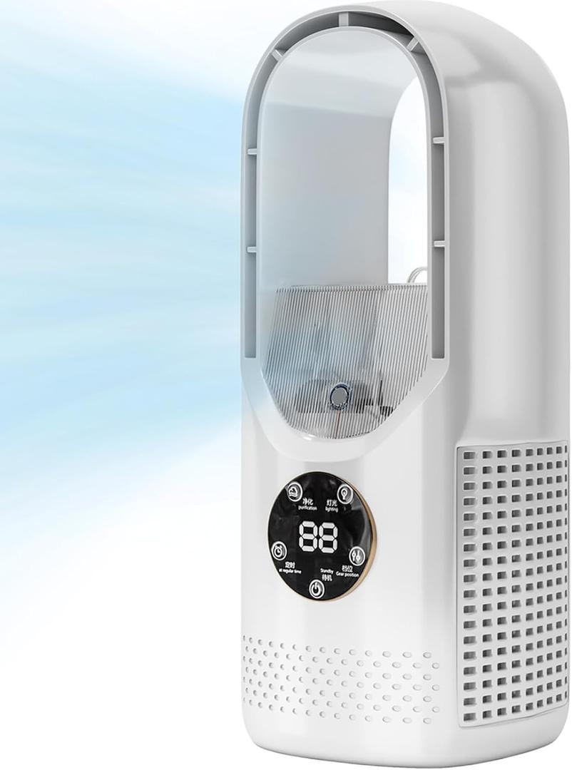 Bladeless Fan with Humidifier and RGB Lights, USB Powered Desk Fan, 6-Speed Quiet Personal Cooling Fan for Office Home Bedroom, No Blades Design Safer than Traditional Fans (White)