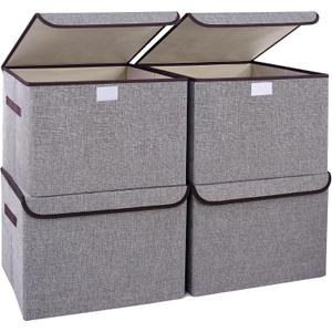 Large 22 Quart Linen Fabric Foldable Storage Bin Cube Organizer Basket with Flip-Top Lid & Handles, Clothes Blanket Box for Home, Office, Closet, Gray, 4 Pack 14.6 x 9.5 x 9.5”