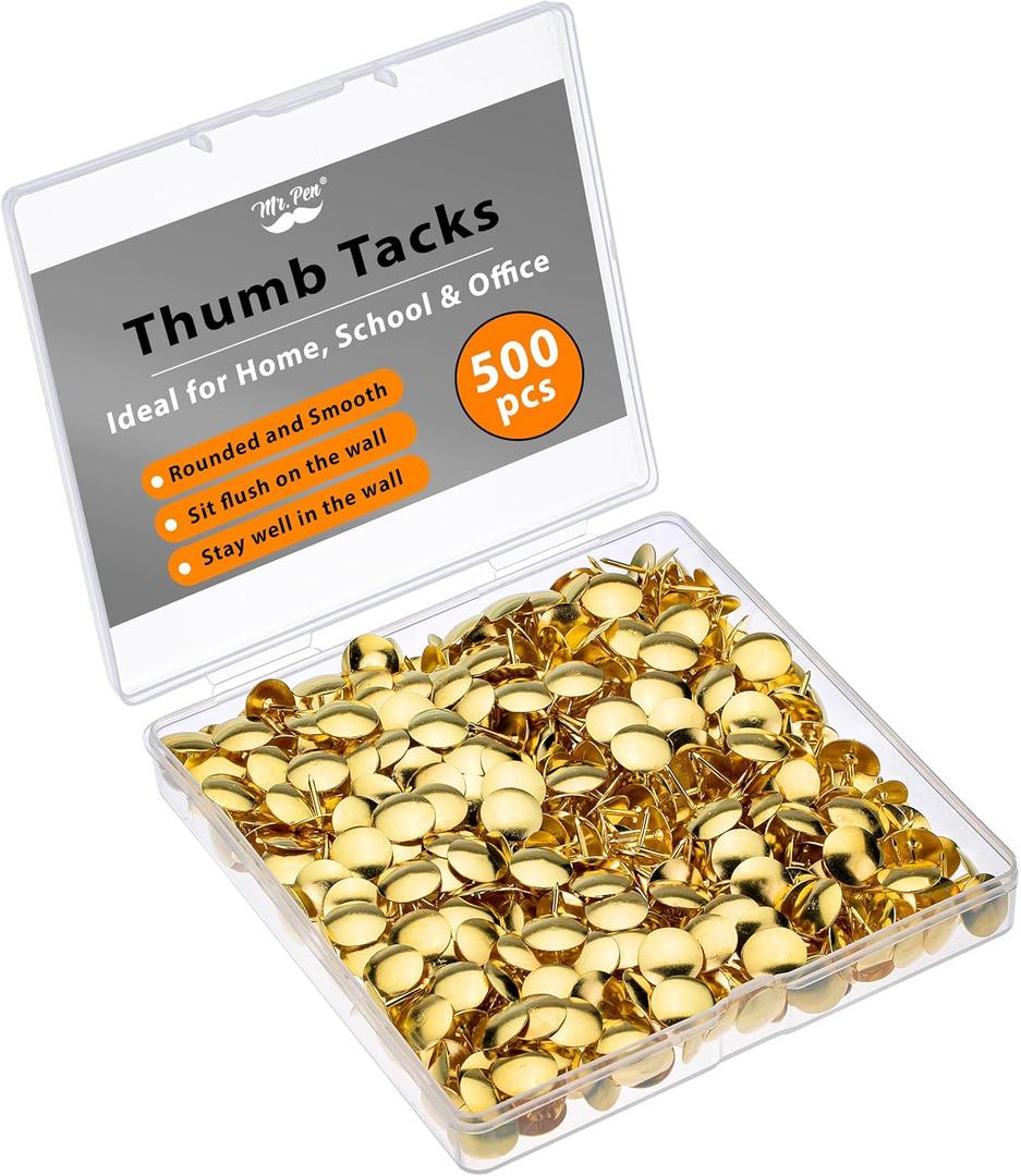 Mr. Pen- Thumb Tacks, 500 Pack, Gold, Flat Push Pins, Thumbtack, Flat Thumb Tacks, Bulk Metal Push Pins