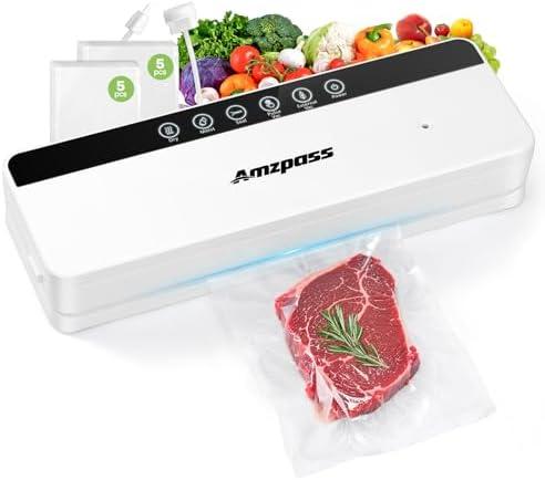 Amzpass Vacuum Sealer for Food, 6-in-1 Food Vacuum Sealer Machine, 80kpa Suction Power Food Sealer Vacuum Sealer, Compact Vacuum Sealers with 10 Vacuum Bags, External VAC for Jars & Containers, White
