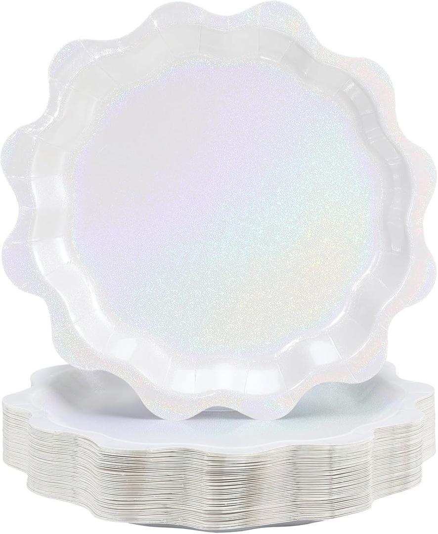 Havawish 50 Pcs White Shimmer Wavy Foil Paper Plates 9 Inch Shell Edge Disposable Dinner Plates for Bachelorette Decorations, Happy Birthday Party, Baby Shower, Disposable Tableware, Bridal Shower