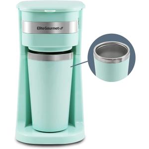 Elite Gourmet EHC117M Personal Single-Serve Compact Coffee Maker Brewer Includes 14Oz. Thermal Travel Mug with Stainless Steel Interior, Compatible with Coffee Grounds, Reusable Filter, Mint