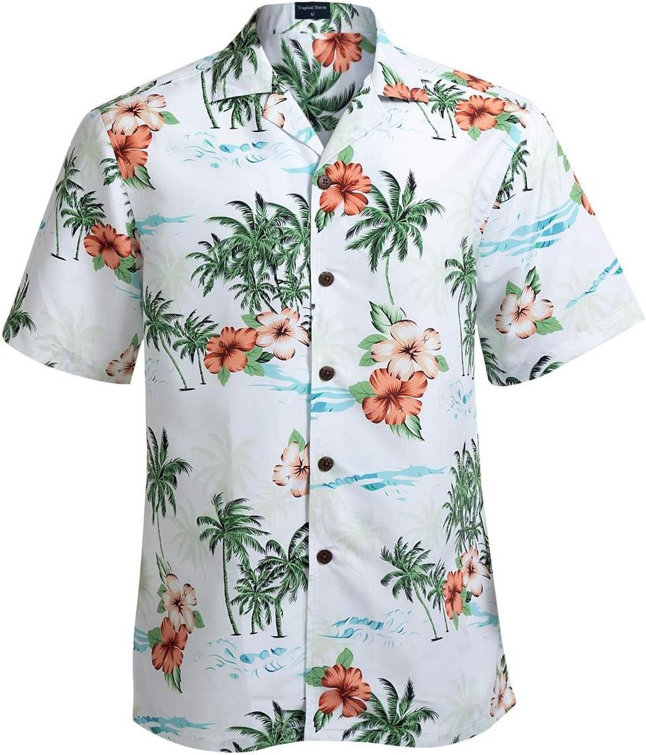 Tropical Storm Hawaiian Shirts for Men Short Sleeve Regular Fit Mens Floral Shirts (White, XXL)