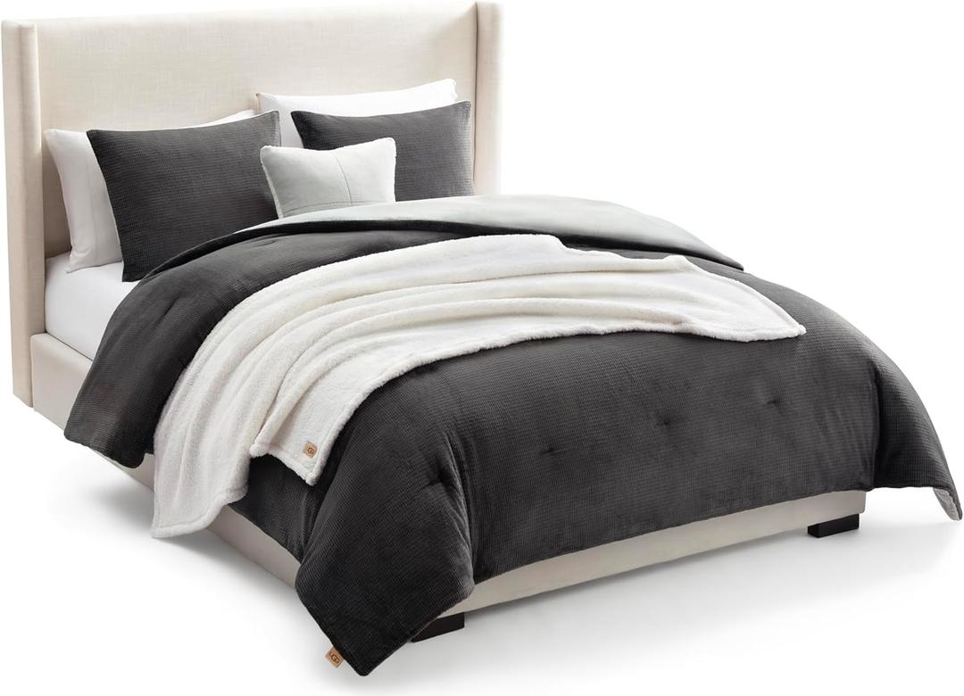 UGG Remina Comforter Set 5 Piece Bed in a Bag with Throw Blanket, Decorative Pillow, Shams, and Reversible Comforter Hypoallergenic Washable Luxury Warm Fluffy Bedding Set, Full/Queen, Charcoal Grey