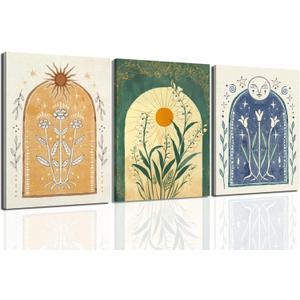 Mystical Sun and Moon Wall Art Vintage Botanical Flower Wall Decor Tarot Lily of the Valley Poster Canvas Prints Spiritual Astrology Artwork for Bedroom Living Room Framed 12x16 inch