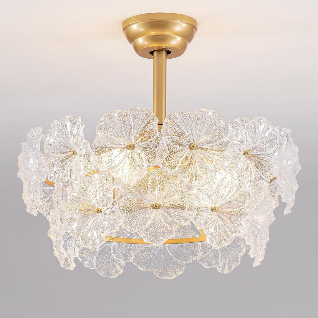 Fandelier 20-Inch Gold Flower Crystal Ceiling Fan with Lights, Remote Control Modern Chandelier Fan for Girls Bedroom, Nursery, Living Room