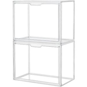 Clear Storage Bins with Lids, 2 Pack Acrylic Display Case with Magnetic Door for Cosmetic Collectibles Large Figures Models, Stackable Acrylic Storage Box for Home Office Living Room Dorm