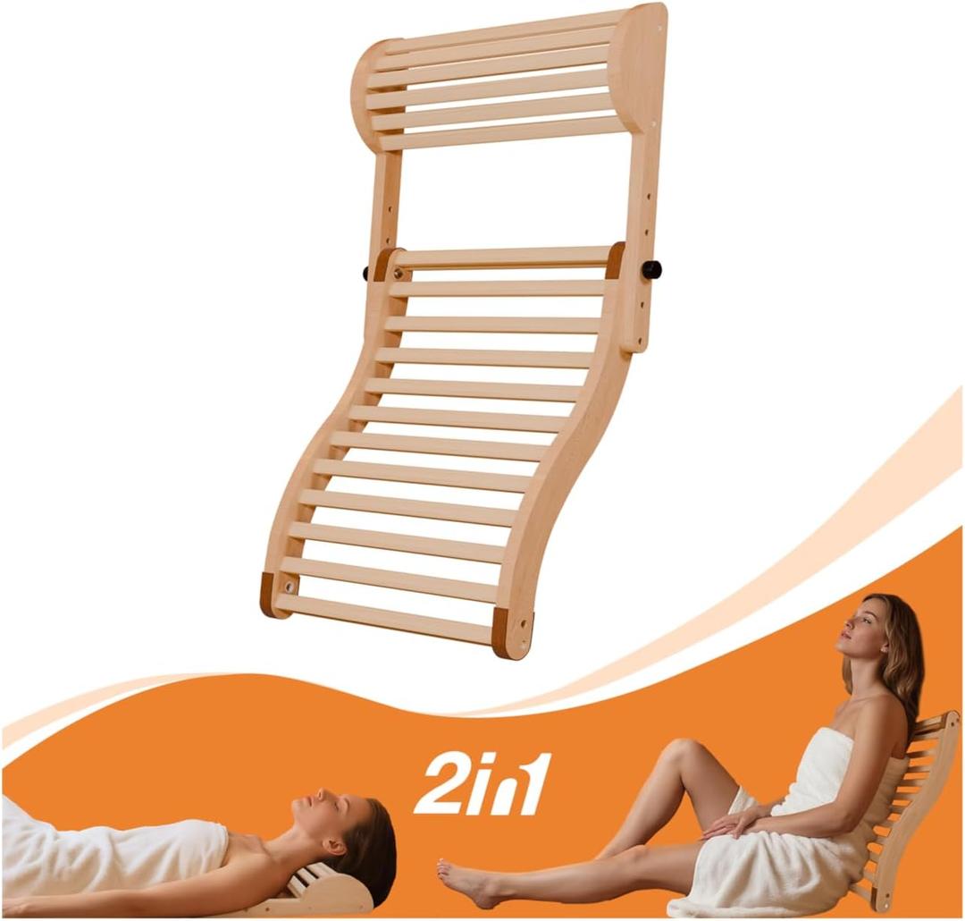 2-in-1 Sauna Backrest with Headrest - Adjustable No-Install Wooden Sauna Accessories, Ergonomic S-Design, Heat-Resistant, Stable & Non-Slip - Fits All Traditional (High-Temp), Barrel & Infrared Saunas