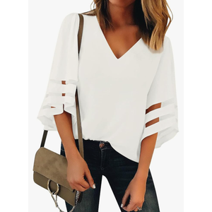 LookbookStore Women's V Neck Mesh Panel Blouse 3/4 Bell Sleeve Loose Top Shirt, SIZE XXL