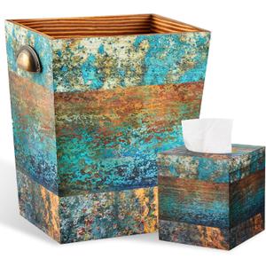 Kathfly 2 Pcs Wood Trash Can & Tissue Box Holder Set, Boho Distressed Wood Wastebasket with Antique Bronze Handle & Matching Square Tissue Box Cover, Farmhouse Rustic for Home, Bathroom, Kitchen