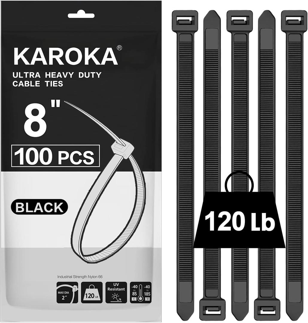 Zip Ties 8 inch Heavy Duty Zip Ties with 120 Pounds Tensile Strength, Black Cable Ties, 100 Pieces, by Karoka