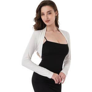 AmélieBoutik Women Ruched Long Sleeve Bolero Shrug Cropped Open Front Cardigan Jacket(Off-White Large)