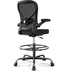 Alolo Drafting Chair,Big and Tall Office Chair with Footrest Ring,Ergonomic Chair for Counter Height and Standing Desk Comfy with Lumbar Support and Flip-up Armrests in Heavy Rolling Base,Black
