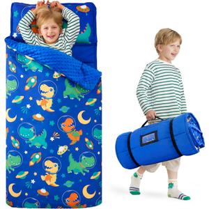 JOIEDOMI Toddler Sleeping Bag for Kids 55''x30'' Nap Mat with Removable Pillow and Minky Blanket for Toddler Ages 3-7 Roll Up Soft Kids Sleeping Bag for Boys Girls Kindergarten Daycare Sleepover (Dark Blue Dinosaur)