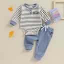 Newborn Baby Boy Clothes Infant Boy Girl Striped Long Sleeve Sweatshirt Romper Bodysuit Soft Fall Winter Outfit (0-3 Months, Blue)