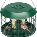 Kingsyard Tube Squirrel Proof Bird Feeders for Outdoor Hanging, Metal Caged Bird Feeder with Rain Proof Covered for Wildbirds Finches Bluebird, 4 Feeding Ports, Green