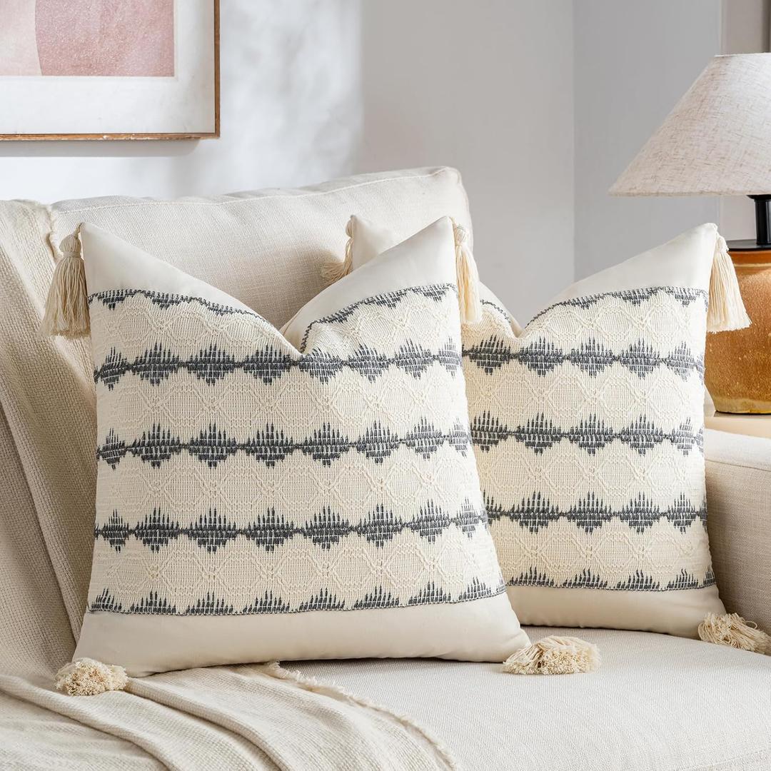 Fancy Homi Set of 2 Neutral Grey Farmhouse Decorative Throw Pillow Covers 18x18 Inch for Couch Bed Chair Indoors, Vintage Country Rustic Retro Room Decor, Soft Handmade Woven Cushion Case with Tassels