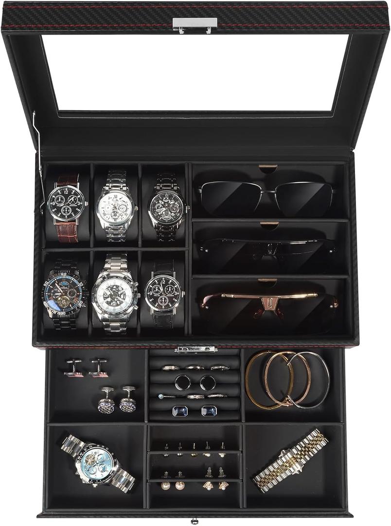 Jewelry Box for Men, 6 Slot Watch Box Jewelry Organizer With Drawer, Watch Case for Men with Large Window, 2-Layer Watch Holder, Sunglasses Storage Organizer, Velvet Lining, PU Leather, Gift Idea (Black)