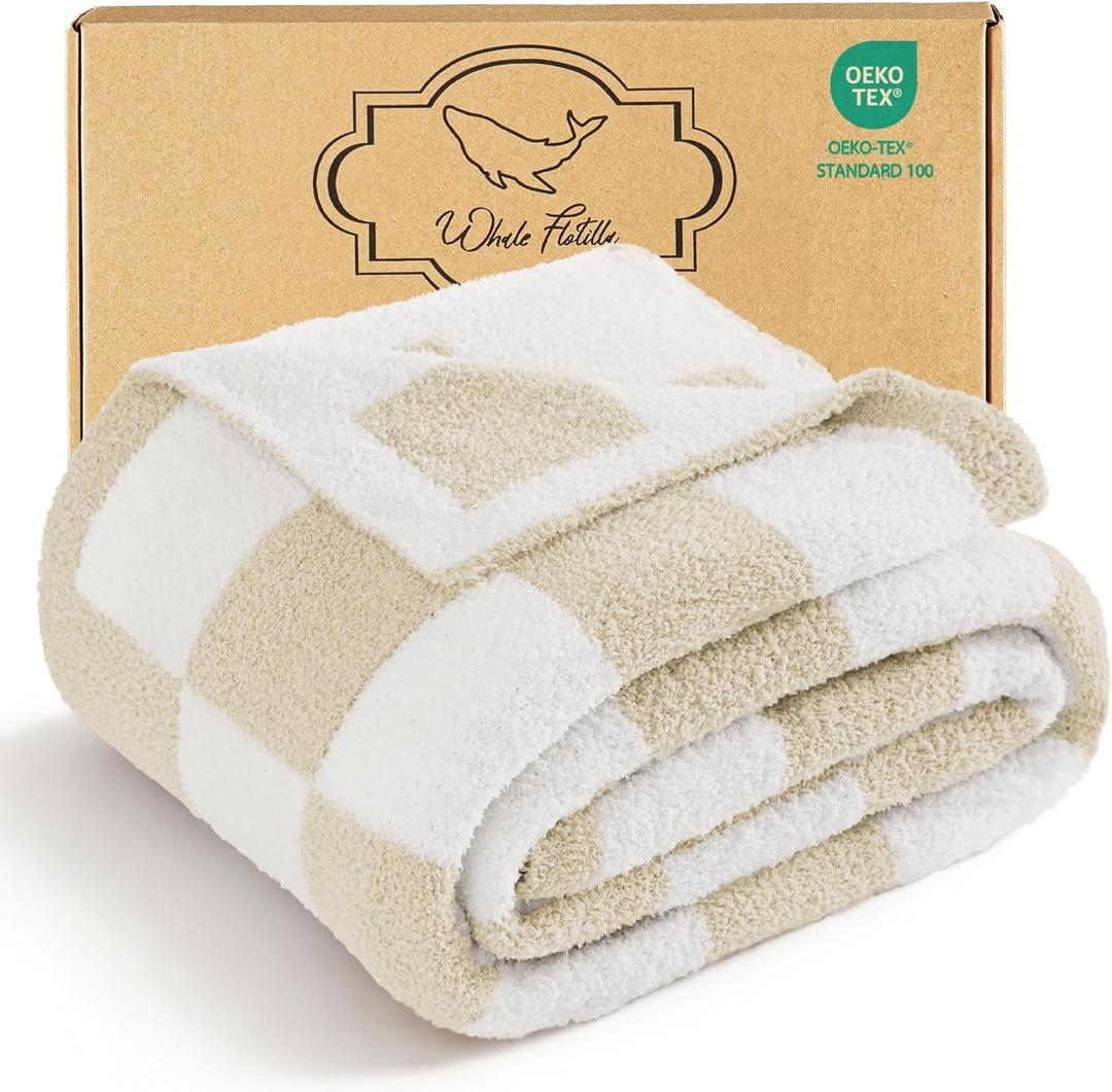Whale Flotilla Checkered Knit Throw Blanket, Ultra Soft Warm Reversible Cozy Decorative Blankets for Couch Sofa and Bed, 50x60 Inch, Camel