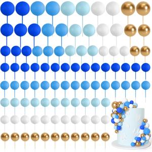 Bouiexye 75 Pieces Cake Balls Topper Decorations Foam Cupcake Topper Mini Balloon Cake Topper Balls Cake Picks for Cake Deco Birthday Party Wedding (Blue Gold White Series）