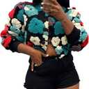 Aimiray Women's Cropped Fleece Jacket Long Sleeve Warm Bomber Sherpa Jacket Floral Printed Varsity Coats (XL)