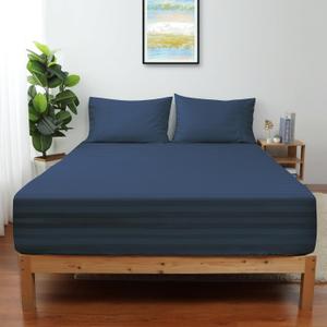 King Size Striped Fitted Sheet Only Navy Blue Color, 100% Egyptian Cotton 600 Thread Count, 16" Deep Pocket Premium Cotton Mattress Sheet (1 Bottom Sheet Only)