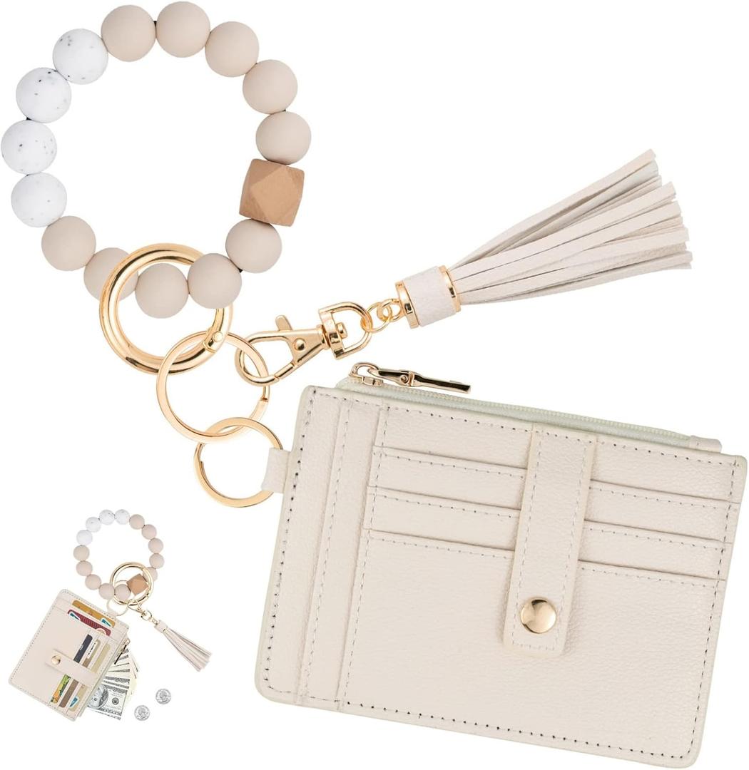 KNGITRYI Wallet Keychain Wristlet for Women,Slim RFID Credit Card Holder Purse Tassel Keychain Bangle Key Ring for Men Women (Beige)