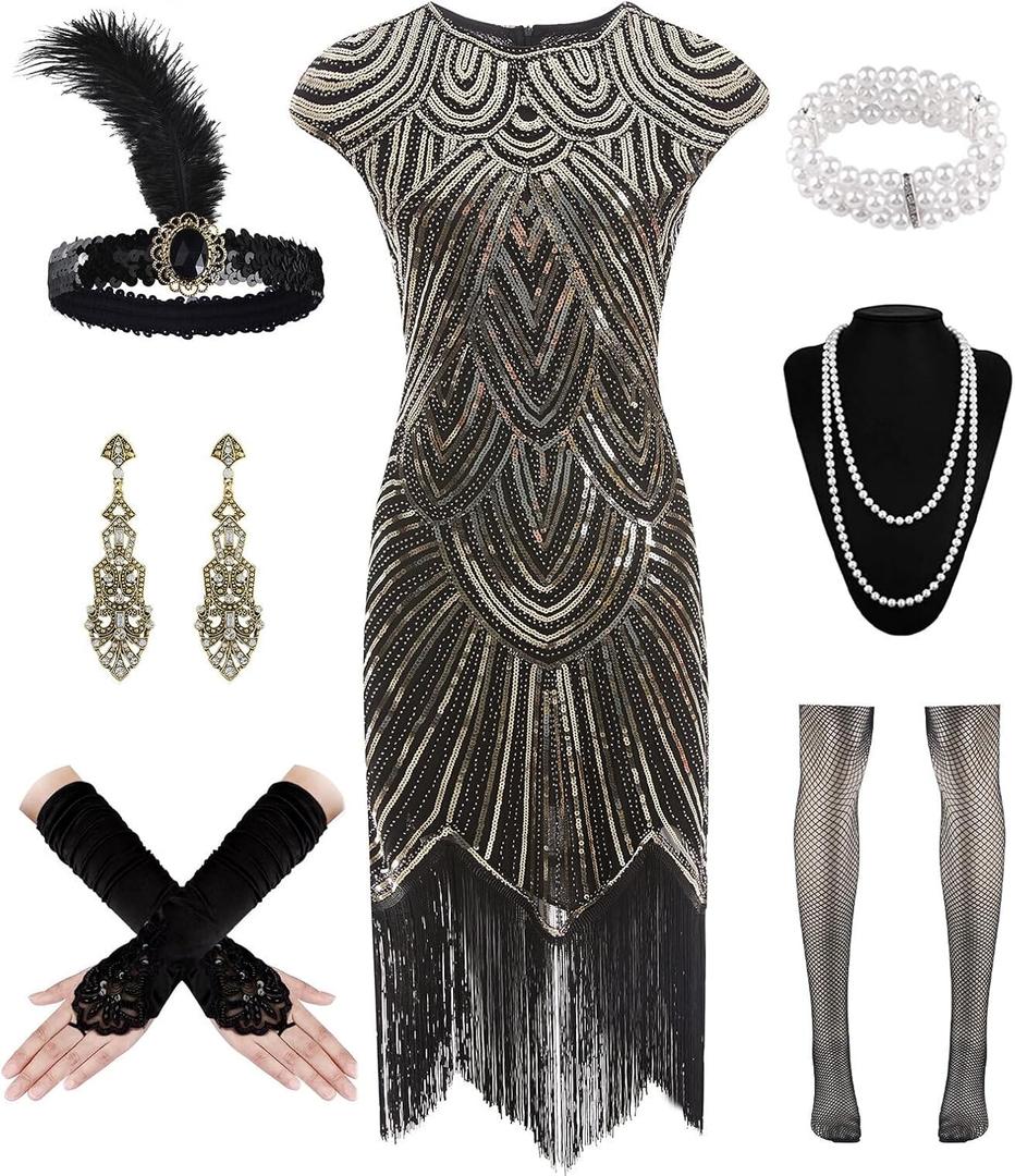 WILDPARTY 1920s Women Flapper Dresses Sequin Dresses Vintage Lace Fringed Cocktail Dress with 20s Accessories Set (3X-Large, Black-gold)