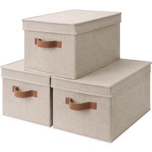 StorageWorks Large Storage Bins with Lids, Decorative Storage Boxes with Lid and PU Handles, Foldable Storage Baskets for Closet, Shelves, Stackable, Brown and Beige, 3-Pack