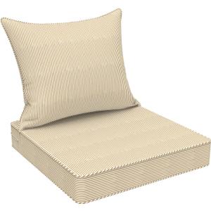 DYTXIII Outdoor Deep Seat Cushion Set, Water Repellent 22"x22" Patio Thick Cushions Replacement with Seat & Back Pillow for Patio Sofa, Wicker Chair, Couch - Stripe Beige, 22"x22"x4"