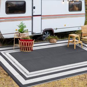 GarveeHome Outdoor Rug 9x18 ft Waterproof Mat Reversible Outdoor Plastic Straw Rug Patio Rug Camping Rug Portable Outdoor Mat for RV Porch Balcony Backyard Picnic Beach Grey/White Panel