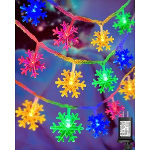 Christmas Snowflake String Lights Outdoor, 100 LED 49FT Icicle Lights Waterproof with 8 Modes Timer Xmas Decorations, Plug in Fairy Lights for Curtain, Eaves, Window, Tree, Garden, Yard- Multicolor