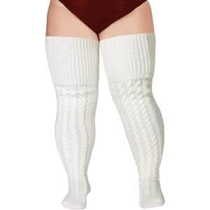 Wool Plus Size Thigh High Socks For Thick Thighs- Extra Long Womens Warm Cable Knit Over Knee Stockings Leg Warmers (White), One Size Plus