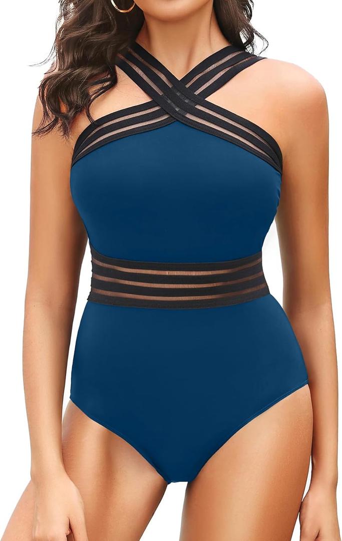 Tempt Me Women Crisscross One Piece Swimsuit Tummy Control Bathing Suit Front Crossover Swimwear M (Indigo)