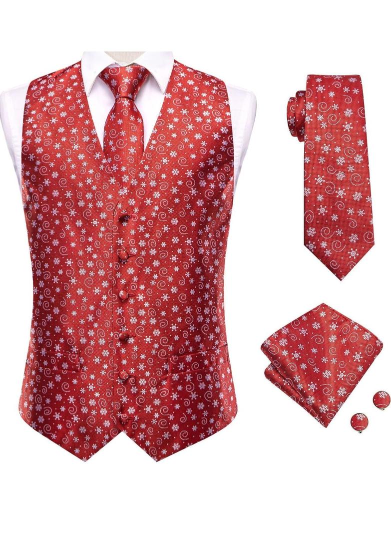 Hi-Tie Christmas Vest and Tie Set For Mens Print Shiny Suit Waistcoat Necktie Xmas Holiday Party Tuxedo Vest Medium , Red/White 