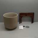 LE TAUCI 12 Inch Plant Pot with Acacia Wood Stand, Ceramic Large Planters for Indoor Plants, Indoor Pots for Plants Office Living Room, Cylinder Planter with Drainage Hole and Plug, Neutral Gray