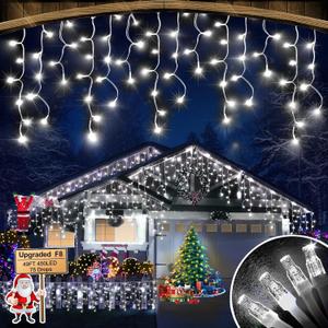 Christmas Lights Outdoor, 49FT 450 LED Ice Lights for Outside, Ice String Lights with 8 Modes, Waterproof Timer Memory Hanging Light for Eaves Party Yard Garden(Cool White)