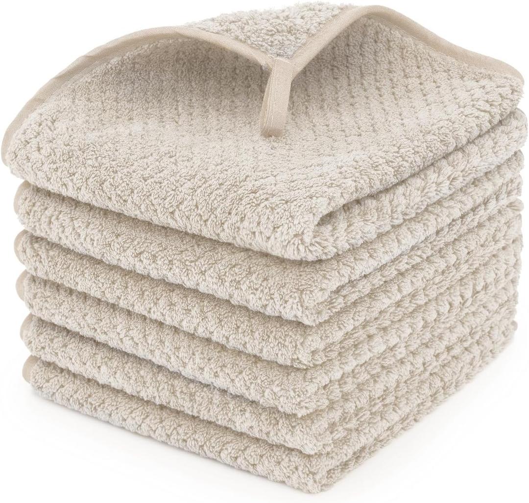 6 Piece Washcloth Set Set,100% Microfiber - Quick Dry, Thick, Soft, Plush and Highly Absorbent Luxury Hotel & Spa Bath Towel for Bathroom, Pack of 6, Khaki