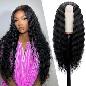 Mairead 28 Inch Long Curly Synthetic Lace Front Wigs for Black Women Loose Deep Wave Black Synthetic Wig Middle Part 4" Simulated Scalp Small Lace Front Wigs Natural Looking Crimps Curls Wig (1B#)