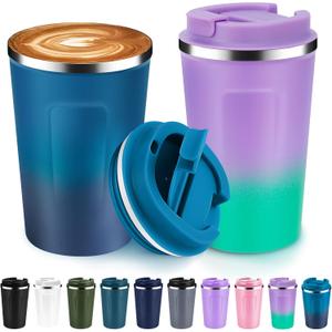 Volhoply 12 oz Double Wall Insulated Vacuum Travel Coffee Mugs with Flip Lid Bulk 2 Pack,Reusable Stainless Steel Leak Proof Coffee Cup,Portable Cafe Thermal Tumbler for Hot & Cold Drinks(Mix,2 Set)