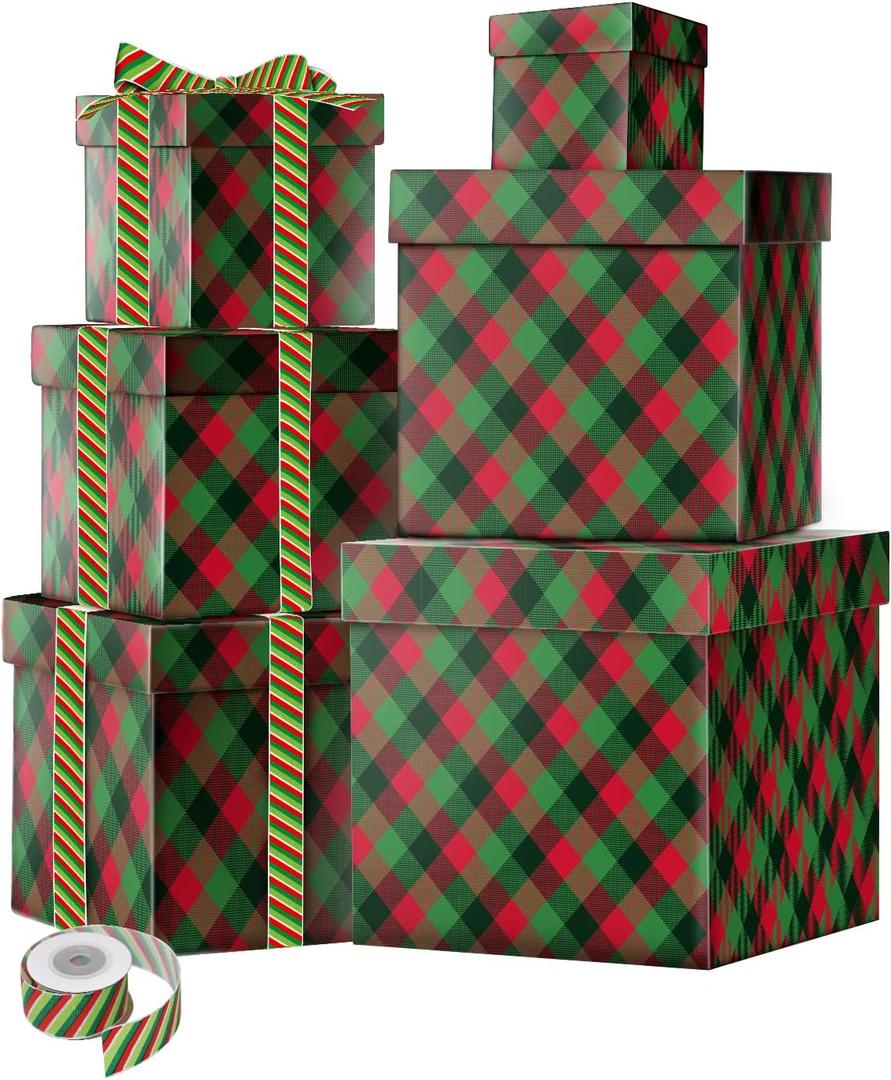 ysmile Christmas Nesting Box with Lids Square, Assorted Size Xmas Stacking Gift Box for Present Holiday Decoration 6 Pcs (Christmas Red Green)