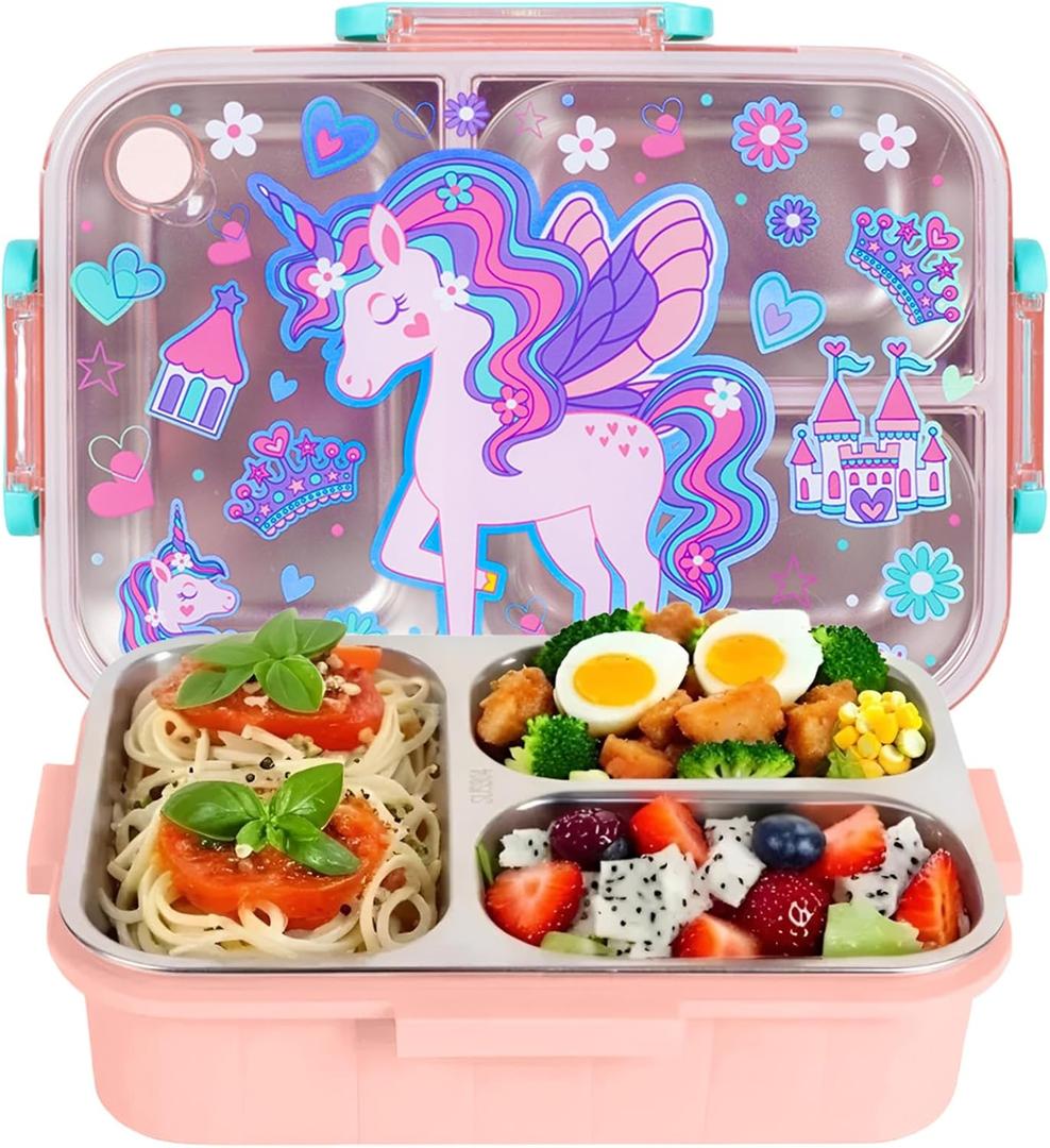 Stainless Steel Bento Lunch Box for Kids, 800ml/27oz BPA-Free Leak-Proof Food Containers with 3 Compartments, Freezer & Dishwasher Safe, Back to School Students Lunches Size for Ages 3-7