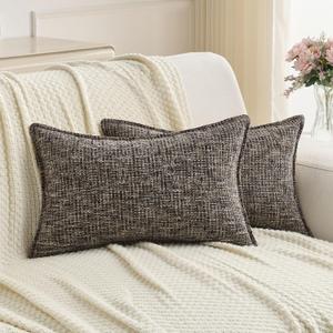 FUTEI Pack of 2 Chenille TweedVintage Throw Pillow Covers 12x20 Inch Soft Decorative Lumbar Pillowcase Modern Farmhouse Accent for Couch Bed Living Room, Coffee