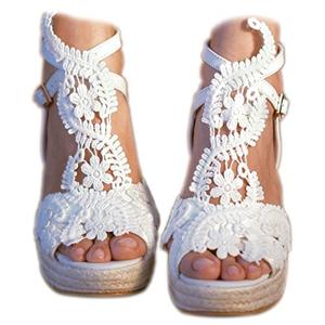 MiLanolce Women's Platform Sandals Wedge Open Toe Ankle Strap lace Wedding Shoes Bridesmaid Shoes,White,size-6,5