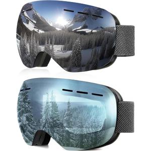 NSSIW Ski Goggles for Men Women Youth, OTG Snowboard Goggles Snow Goggles with Anti Fog and UV Protection Over Glasses 2 Pack (A06 Black/Silver (Vlt 10%) + Black/Clear Blue (Vlt 60% ))