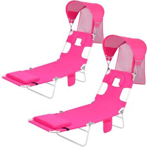 Backpack Beach Tanning Lounge Chair with Face Hole Canopy Shade Umbrella for Adults Outside Reading Sunbathing Poolside Camping, UPF 50+ Sun Shade Umbrella, Pink, 2Pack