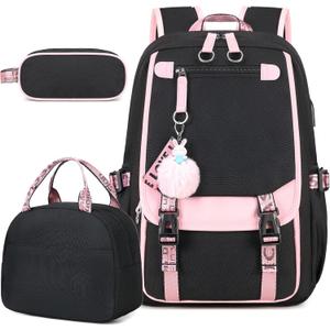 Bevalsa School Backpack for Girls, Backpack with Lunch Box & Pen Case, Bookbag for Girls Kids Elementary Middle High School Student 21L Children Schoolbag (Pink Black)