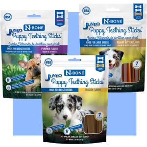 N-Bone Puppy Teething Sticks Jumbo 7 Count Bag Variety Pack, Chicken & Peanut Butter & Pumpkin Flavor, Total 3 Bags, 21.86-oz, 21 Sticks (EXP 11/01/27)