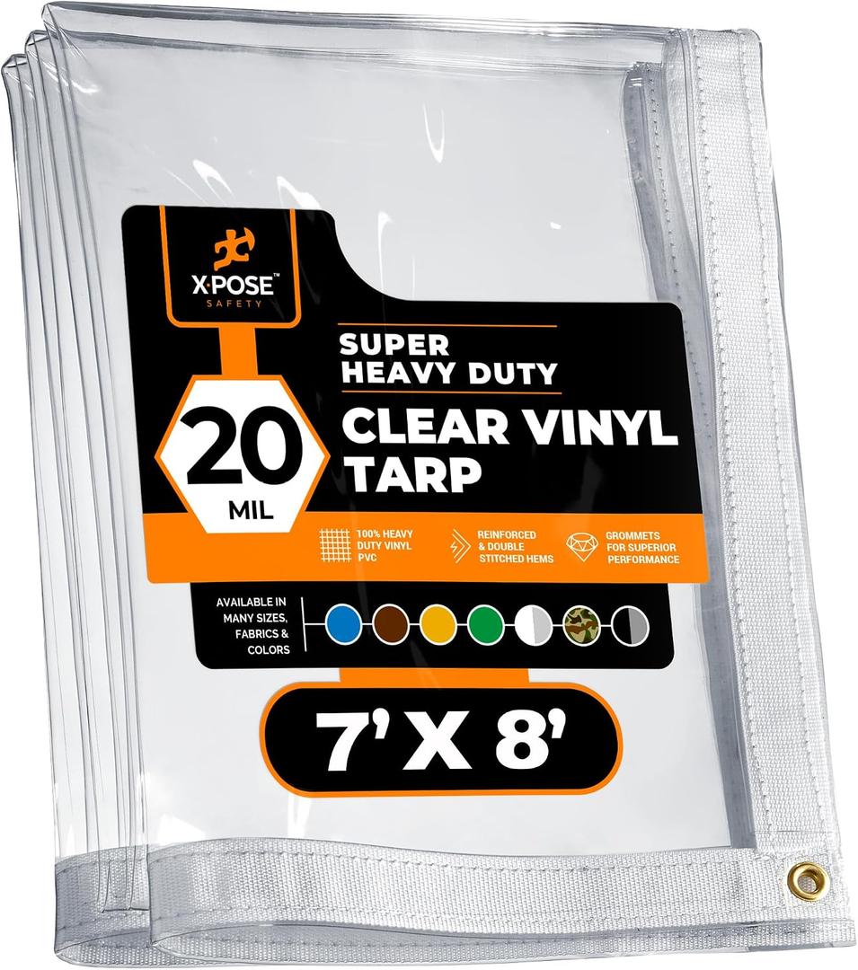 7' x 8' Clear Vinyl Tarp - Super Heavy Duty 20 Mil Transparent Waterproof PVC Tarpaulin with Brass Grommets - for Patio Enclosure, Camping, Outdoor Tent Cover, Porch Canopy - by Xpose Safety