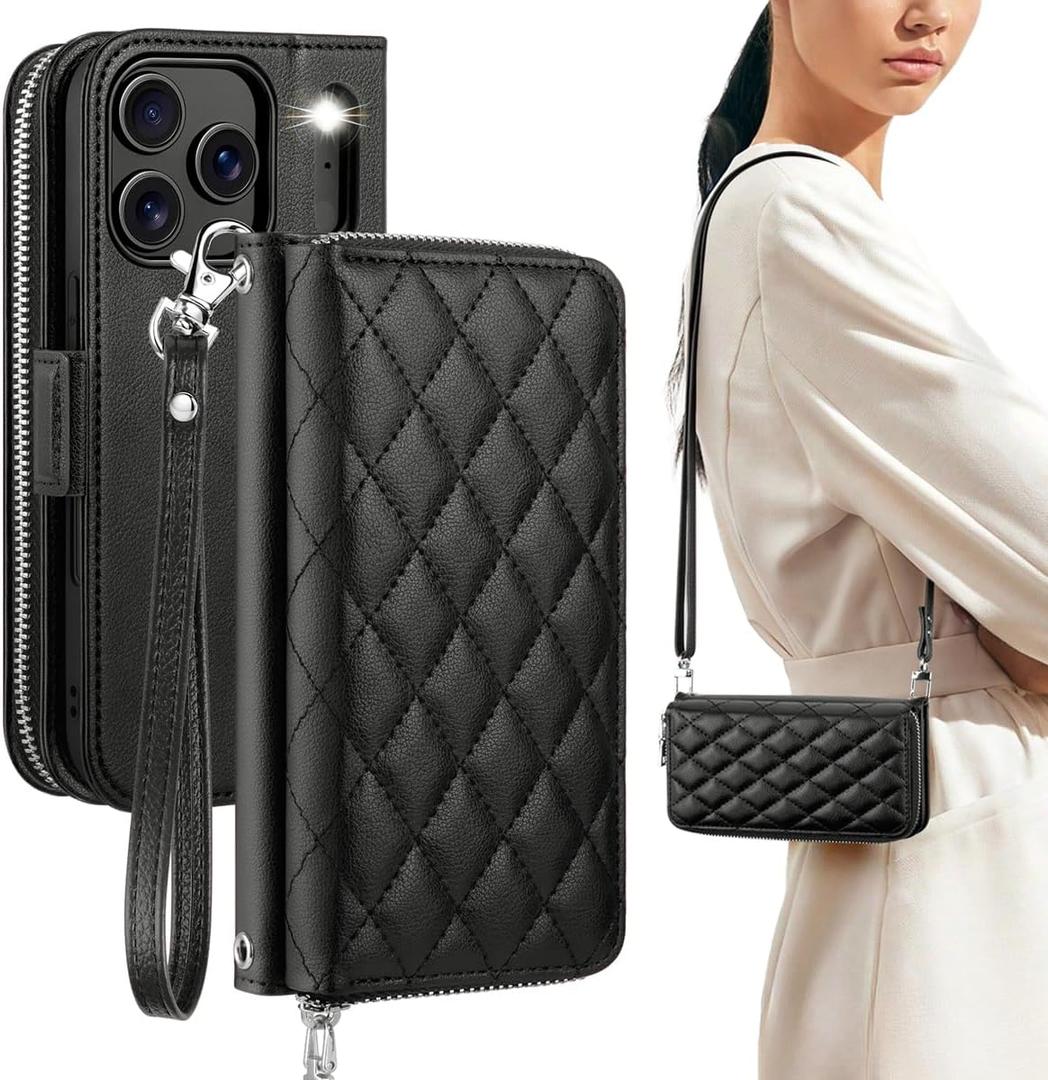 OCASE for iPhone 17 Pro Max Crossbody Wallet Case - Stylish PU Leather Handbag Phone Purse with Zipper Closure, Card Slots & RFID Blocking - Wrist Strap, Lanyard, Kickstand - Diamond Check Black